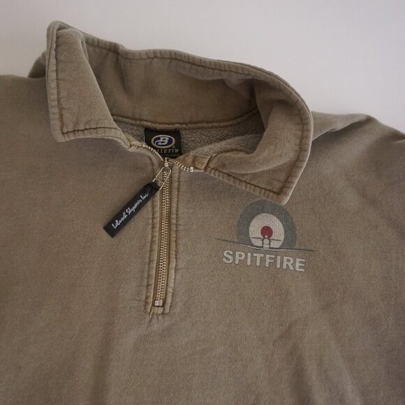 Vintage '90S Bulletin Spitfire Plane Dog Fight Green Quarter Zip Sweater 2XL - Picture 8 of 11